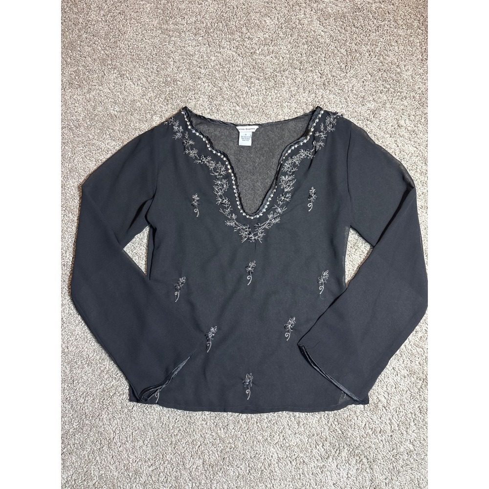 Y2K Cotton Express Sheer Black Embroidered Sequin V-Neck Blouse Long Sleeve S